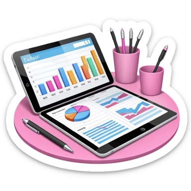tablet on a desk with papers and pens showing data analysis stuff on it pink sticker