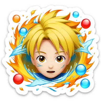 Icon for Anime: vibrant, dynamic scene with anime characters in action, featuring exaggerated expressions and colorful backgrounds. The design should reflect the distinct, energetic style of anime, with iconic eyes and unique visual elements. Transparent background. sticker