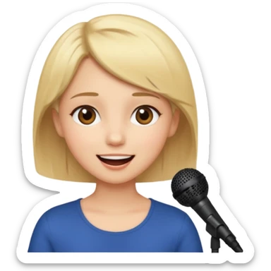 Crea una chica cantando con pelo rubio corto con ojos cafes  sticker