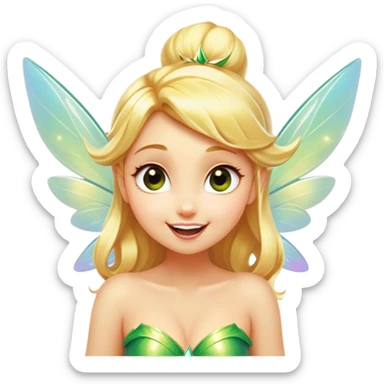 Cinematic Realistic Blonde Tinker Bell Fairy Portrait, head tilted dramatically with an exaggeratedly amused expression, featuring a striking, lively pixie form with radiant golden blonde hair and luminous, iridescent wings dusted with playful sparkles. Her expressive eyes brim with cheeky mischief, rendered with vibrant, lifelike textures and dynamic natural lighting that imbues the scene with an air of magical whimsy and over‐the‐top fairy fun. sticker