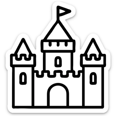 Camelot castle icon for a map, simple silhouette, recognizable towers, minimal detail, clear outline, suitable for small size sticker
