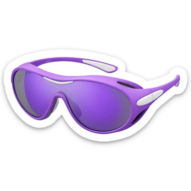 3D render of futuristic sports sunglasses, oval purple tinted lenses, white glossy frame, large gray ventilated nose guard, detailed reflections, realistic materials, high detail, isolated on transparent background, 4K resolution sticker