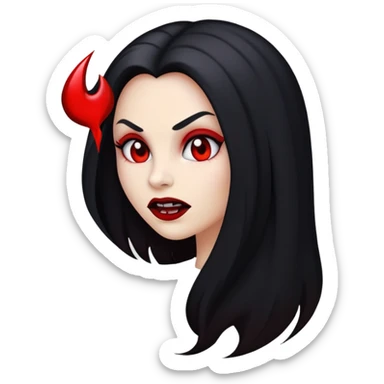 Uma foto de perfil de um emoji de vampira com cabelo preto, pele branca mas nem tanto, presa de vampiro e sangue sticker