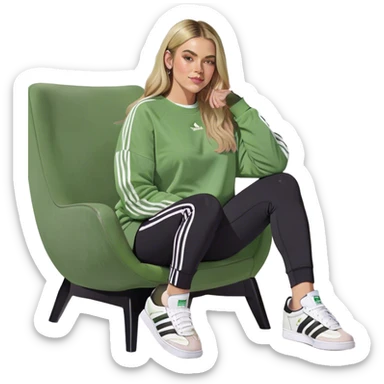 Girl long bright blonde highlighted hair middle part with rosy cheeks and plump mauve lips green eyes and wearing a white sweatshirt and black leggings with black and white adidas OG Samba sneakers sitting in a cozy chair posing with legs over the side of chair  sticker