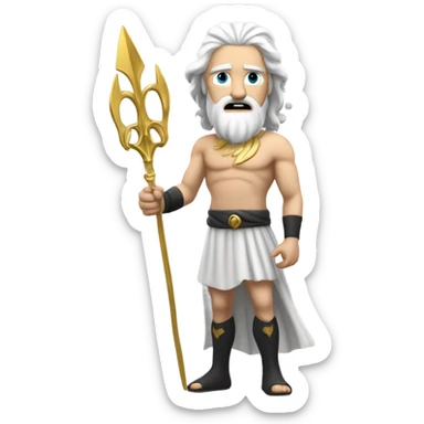 white man Poseidon with gold trident. long white hair white dress. black soot on face sticker