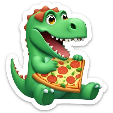 Green dinosaur eating a pizza whilst wearing pyjamas and fluffy white slippers sticker