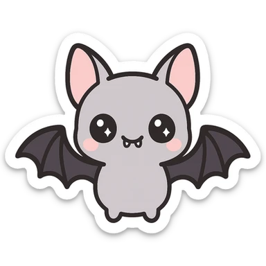 kawaii style bat character, cute face, black and purple wings, big sparkling eyes, tiny fangs, playful and friendly sticker