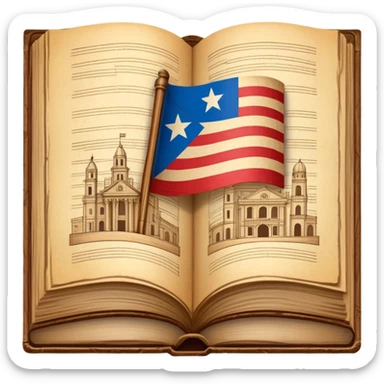 Open vintage book showing detailed stage design sketches, blueprints of theatrical sets, Puerto Rican flag elements woven into the designs, wooden borders, emanating a golden timeless glow sticker