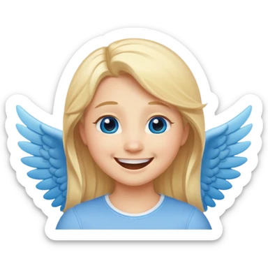 angel emoji blonde hair, blue eyes and smiling, larger wings with darker outline on them and bigger smile and more smiley eyes laughing sticker