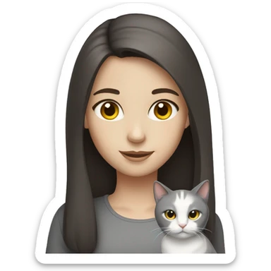 A girl with dark brown hair and white skin loves  a gray cats  sticker
