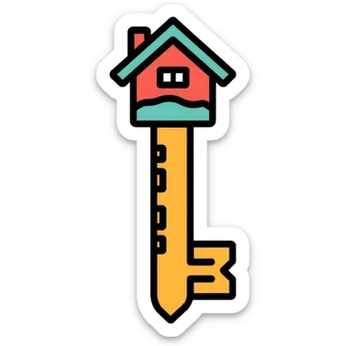 Key with a small house symbol, housing access concept for homelessness support logo sticker