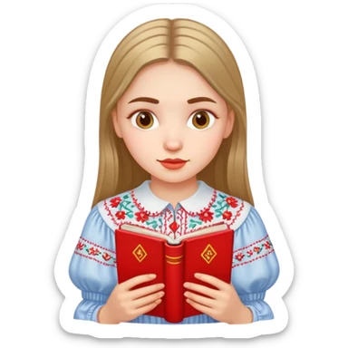 A Ukrainian girl in an embroidered shirt reads a red book sticker