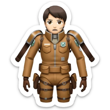 emoji-style illustration of Attack on Titan Survey Corps suit with flared collar, harnesses, minimalist maneuvering gear, muted browns blacks grays, determined facial expression, compact and stylized, clear at small size sticker