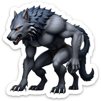 cinematic-noble-fierce-werewolf-full body on all fours-emoji, poised-and-imposing, with a tall, lean, and muscular wolfish frame inspired by the brutal, imposing shape of the beast from Berserk, fur rippling in shades of midnight black and silver, massive paws with razor-sharp claws, elongated limbs and fangs, eyes glowing with an intense, primal ferocity, reflecting the untamed power of the wild moonlit night; rendered with realism like a wolf hunched over battle ready pose ready to attack sticker