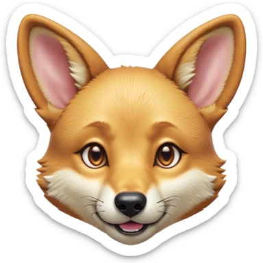 Cinematic Cute Dingo Portrait Emoji, Head tilted playfully and inquisitively, featuring a glossy sandy fur with naturally perky ears and round, sparkling amber eyes filled with curious mischief, Simplified yet irresistibly adorable features, highly detailed, glowing with a warm, friendly glow, high shine, affectionate and spirited, stylized with a touch of outback whimsy, bright and endearing, soft glowing outline, capturing the essence of a mischievous yet loving dingo, so playful it feels like it could bound out of the screen into your arms! sticker