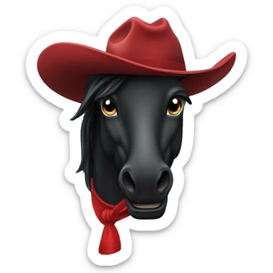 A black horse running with a red cowboy hat sticker