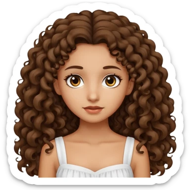 Light tanned skin girl with dark brown very long curly hair, dark eyes, white dress  sticker