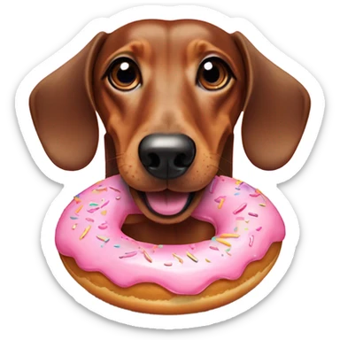 Dachshund smiling with a donut with pink frosting sticker