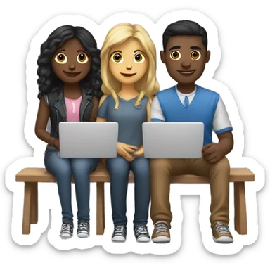 2 girl and 3 man each of them holding laptop and sit together  sticker