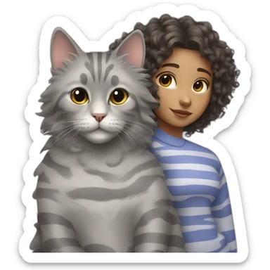 Grey cat with stripes sit near a girl with curly hair sticker