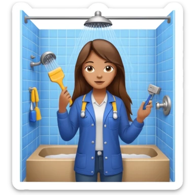 beautiful girl with long brown hair constructing new bathroom area with new shower and amenities  sticker