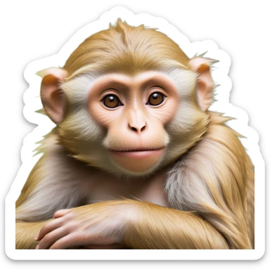 Beautiful and Majestic Cheeky Macaque Portrait Emoji, Head resting in a relaxed, contented smirk with eyes half-closed in a dreamy, playful slumber, showcasing soft, gently ruffled fur and a compact, agile build, Simplified yet exquisitely endearing features, highly detailed, glowing with a soft, radiant light, high shine, serene yet mischievous, stylized with an air of refined playful charm, soft glowing outline, capturing the essence of a beautiful and majestic macaque that embodies both cheeky humor and gentle elegance! sticker