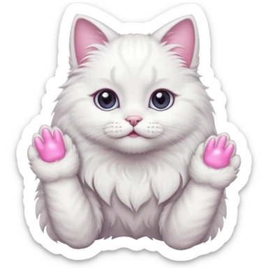 white cat fluffy paw, view from the top, pink nails, cute sticker