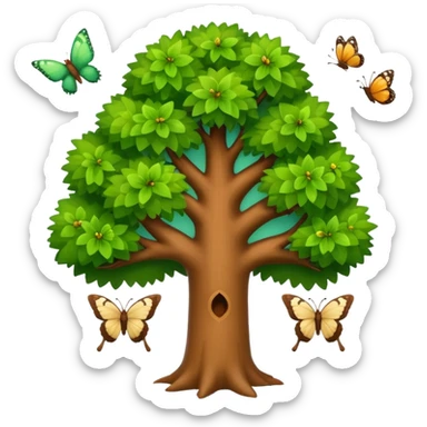 cute emoji of a tree with various animals including bird, squirrel, butterfly in and around it symbolizing biodiversity sticker