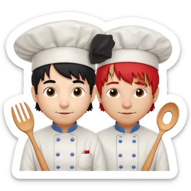 A rat with a fringe, long black hair and chefs and a man with red hair and a chefs hat sticker