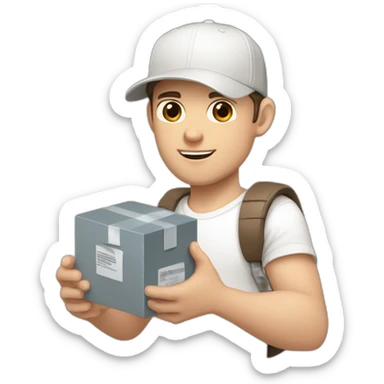 Pale skinned fit Man with dark brown hair in a white cap, gray jeans and beige polo T-shirt keeping a pasted box into his hands sticker
