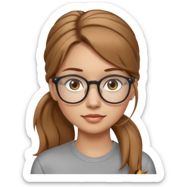 Thin woman with long light brown hair in pony tail light brown glasses and grey eyes sticker