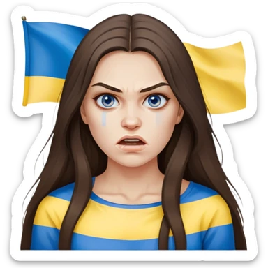 Brunette woman with long hair, Ukrainian flag (blue and yellow) painted on her cheek, angry expression sticker