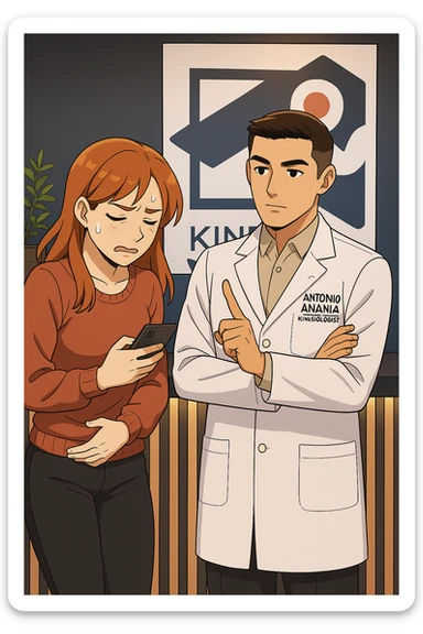 su questo stile fai un manga/webtoon a colori in cui una donna CONTROLLA LO SMARTPHONE MENTRE PARLA CON L'UOMO, l'uomo della foto in stile manga LE DICE DI "NO" CON IL DITO, mantieni un ambiente simile alla foto che ho allegato con il suo logo (sarebbe il suo studio, lui è un kinesiologo), scrivigli "ANTONIO ANANIA" sul camice bianco, non mettere fumetti, ma fai in modo che sembri che la donna CONTROLLI LO SMARTPHONE E L'UOMO CON I GESTI LE FACCIA CAPIRE CHE STA SBAGLIANDO sticker