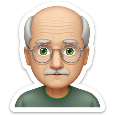 Old man with receding hair, grey hair only on the sides, green eyes, rectangular reading glasses, rounded face sticker