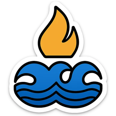 emblem of South Pars Gas Complex combining flame and sea wave, blue, gold and white colors, symbolic and simple style, no text sticker