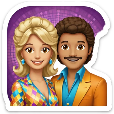hombre y mujer bailando con ropa de disco de los 70s sticker