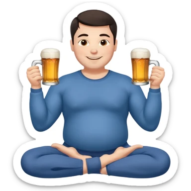 big white guy sitting in yoga pose, winter dressed, short dark hair, holding beer mugs in two hands, sitting sticker