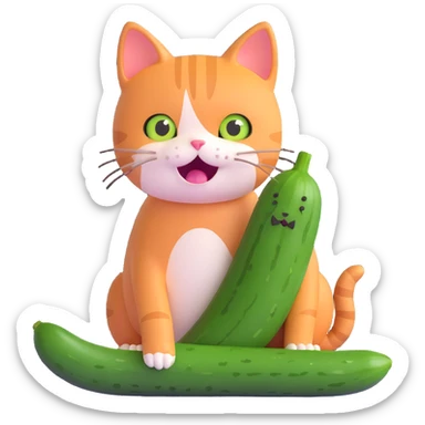 a scared cat next to a cucumber sticker