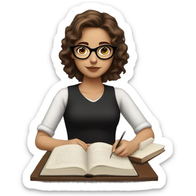 A girl with brown hair and black glasses writting a novel sticker