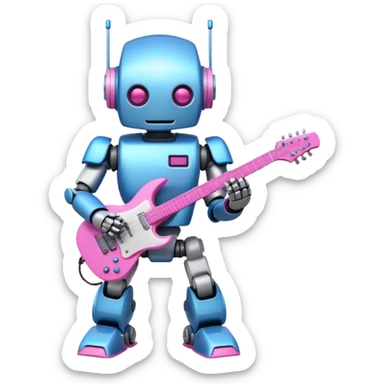 a cyper robot carry her note and electric guitar and try to change the world with pink and bluecolor sticker