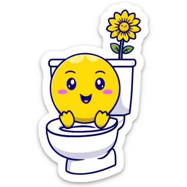 lemon yellow dandelion flower with a shocked face, sitting on a toilet with swirls in the eyes, soft colors, chibi expression sticker
