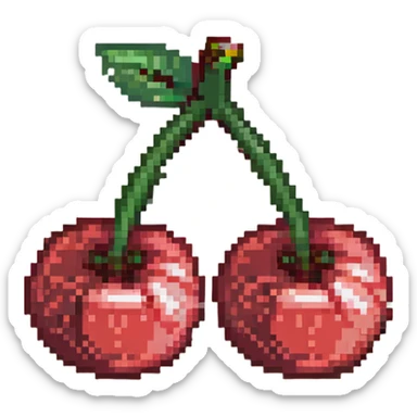 Pixel art of two red cherries with green stem sticker