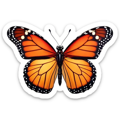 Cinematic Realistic Noble monarch Butterfly Portrait Emoji, Poised and elegant, with delicate, translucent wings rendered in rich ruby and scarlet hues, a slender, graceful body with intricately detailed textures, and soft, reflective eyes, illuminated by natural light, high shine, intelligent and regal, styled with an air of refined natural splendor, focused and attentive, soft glowing outline, capturing the essence of a watchful and confident monarch butterfly that appears to emerge majestically from the screen! sticker