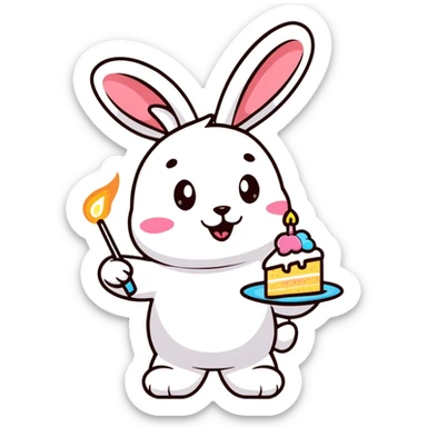 bunny holding cake slice and sparkler, winking sticker