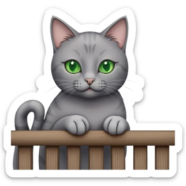 grey cat on a wooden balcony railing sticker