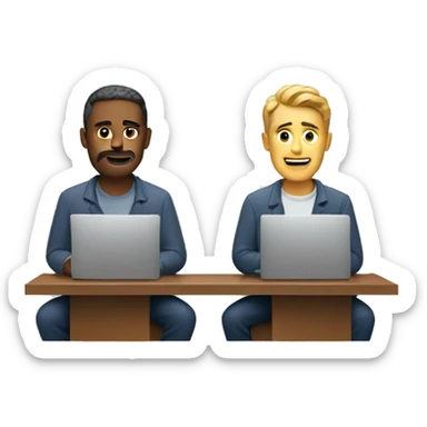 two men. One is sitting in front of a computer, and the other one is calling sticker
