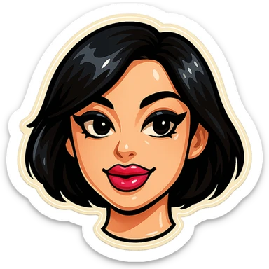 Create a Telegram-style sticker of Samsung Sam with black bob haircut, gothic makeup, and plump pink lips. Preserve the expressiveness of the face and keep a clean background. sticker