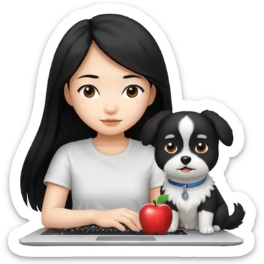 Asian girl long black hair, wearing a white t-shirt, working on an Apple laptop, next to her is a small black and white female dog sticker