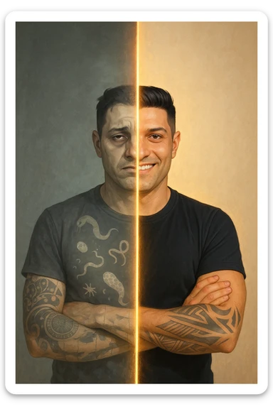 a man is depicted in two halves—on one side, he appears tired and weighed down, with faint, ghostly images of parasites visible inside his torso; on the other side, he is vibrant and healthy, with clear skin and bright eyes, the parasites gone. A visual transition or glowing line separates the two states, symbolizing recovery. sticker