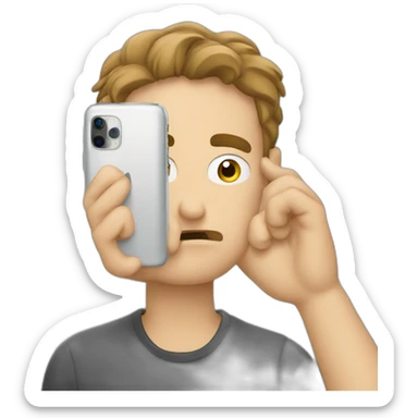 exasperated person holding a phone vertically in front of their face with one hand, closeup sticker